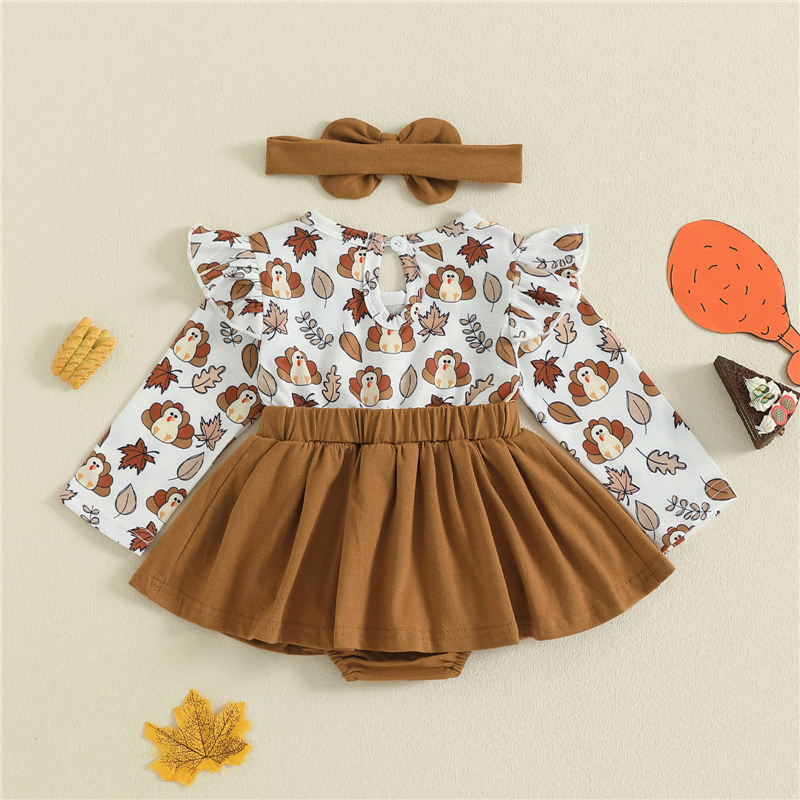 Baby Girl Thanksgiving Romper with Turkey Embroidery & Headband Set - Image 3