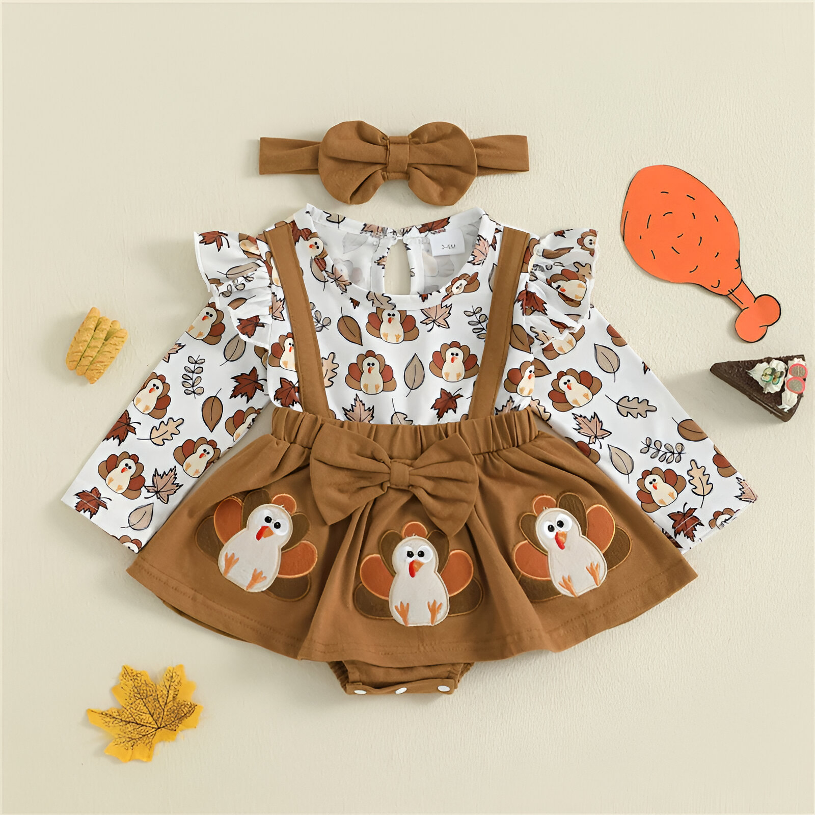 Baby Girl Thanksgiving Romper with Turkey Embroidery & Headband Set - Image 2