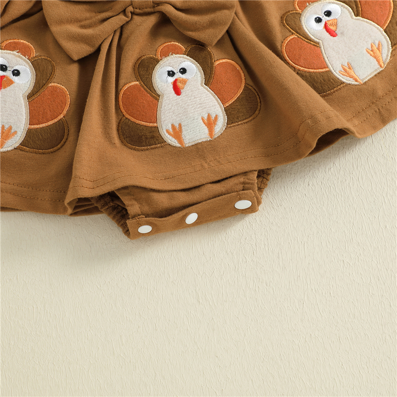 Baby Girl Thanksgiving Romper with Turkey Embroidery & Headband Set - Image 7