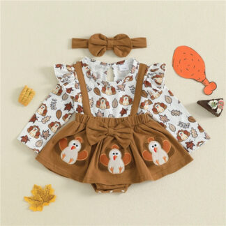 Baby Girl Thanksgiving Romper with Turkey Embroidery & Headband Set