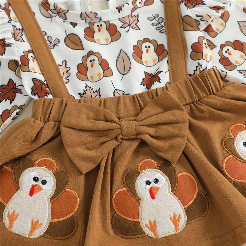 Baby Girl Thanksgiving Romper with Turkey Embroidery & Headband Set - Image 4