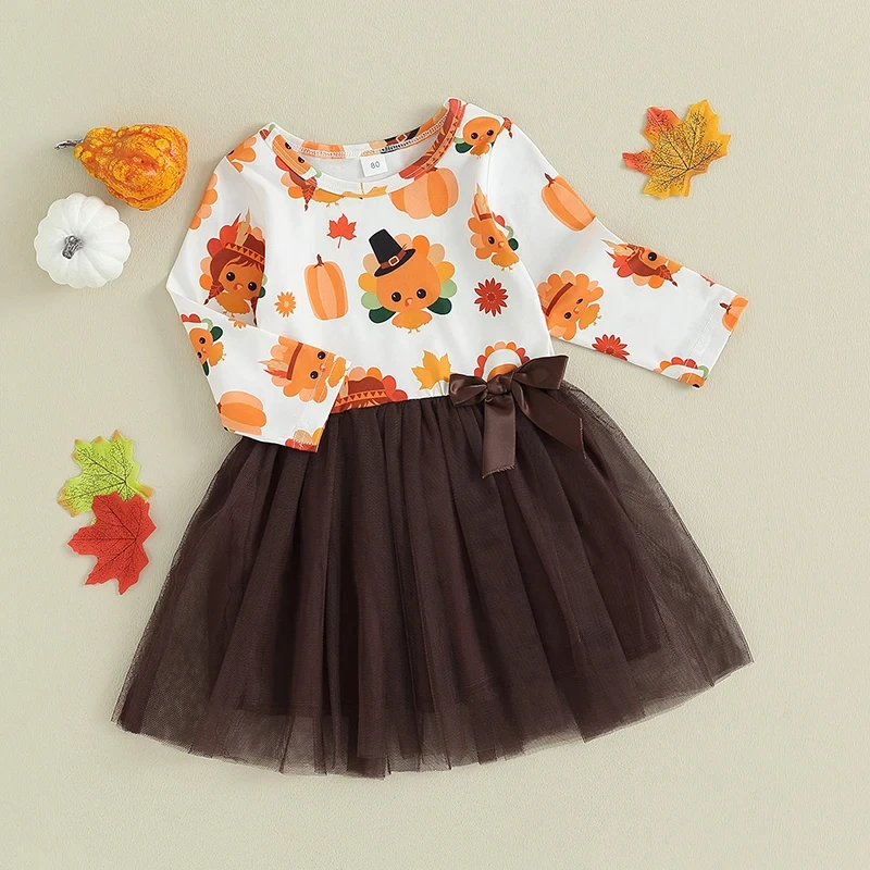 Adorable Toddler Thanksgiving Dress – Pumpkin & Turkey Tulle A-Line Outfit - Image 2