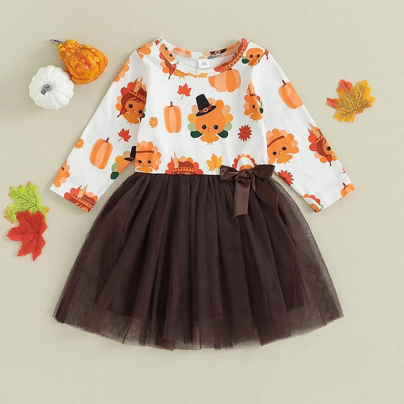 Adorable Toddler Thanksgiving Dress – Pumpkin & Turkey Tulle A-Line Outfit - Image 3