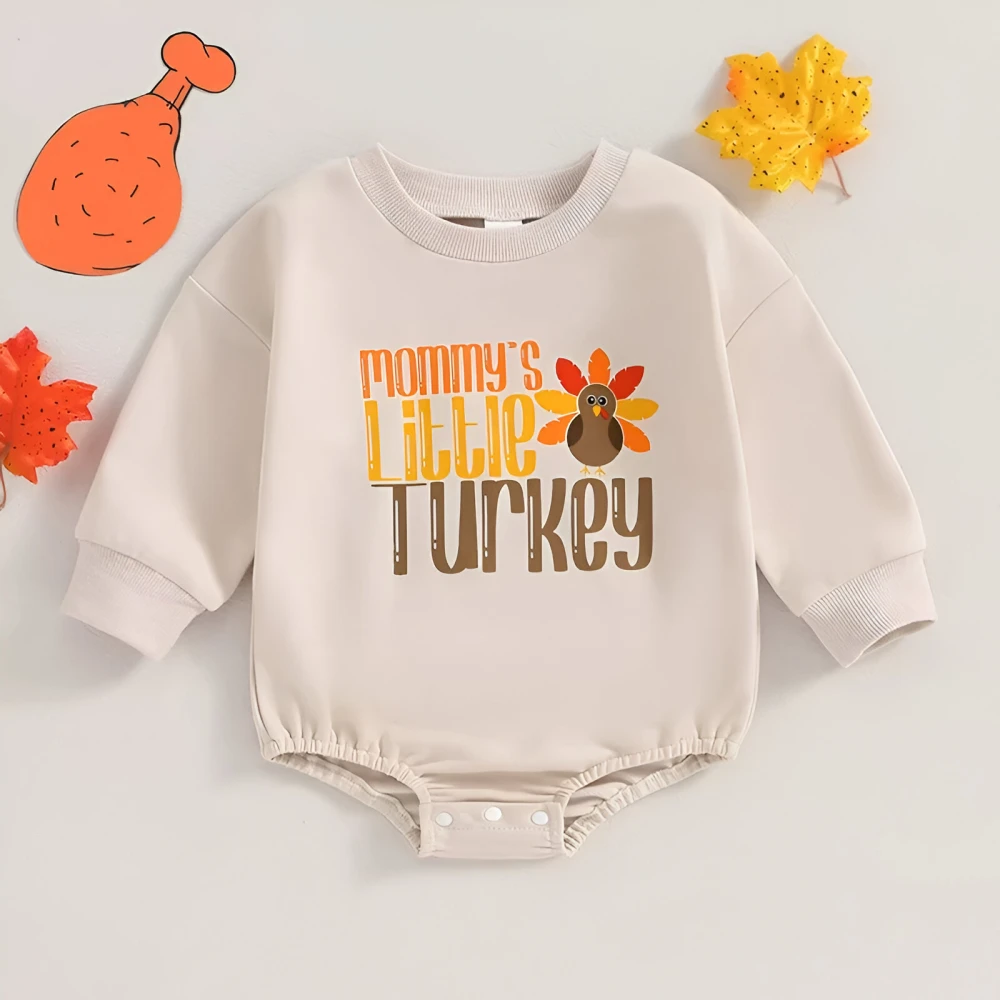 Baby Girl Thanksgiving Turkey Print Long Sleeve Romper - Image 7