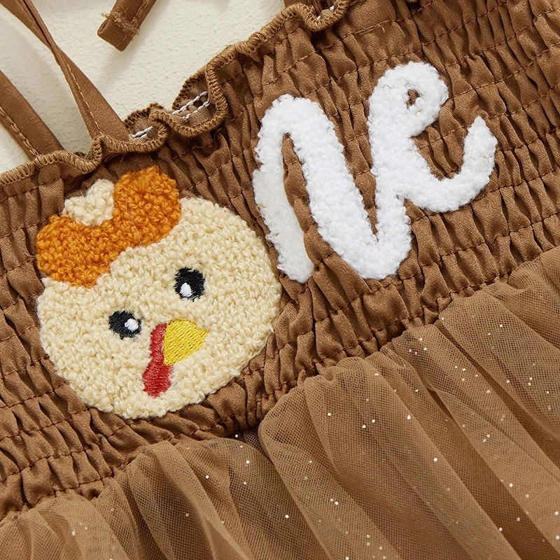 Baby Girl Thanksgiving Romper Dress & Bow Headband Set – Turkey Embroidery - Image 4