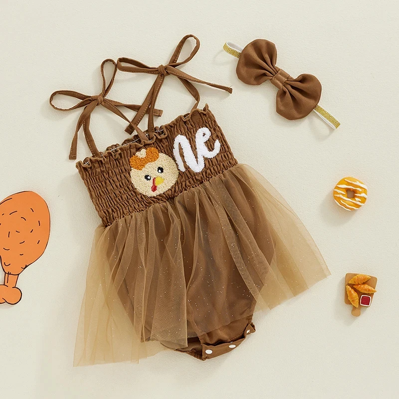 Baby Girl Thanksgiving Romper Dress & Bow Headband Set – Turkey Embroidery - Image 2
