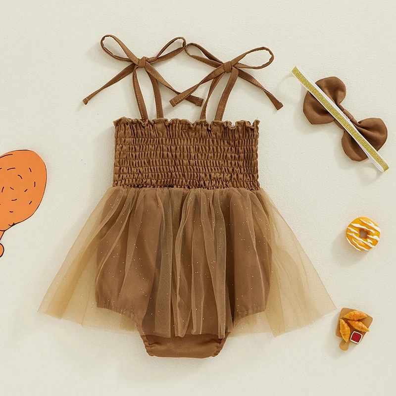 Baby Girl Thanksgiving Romper Dress & Bow Headband Set – Turkey Embroidery - Image 6