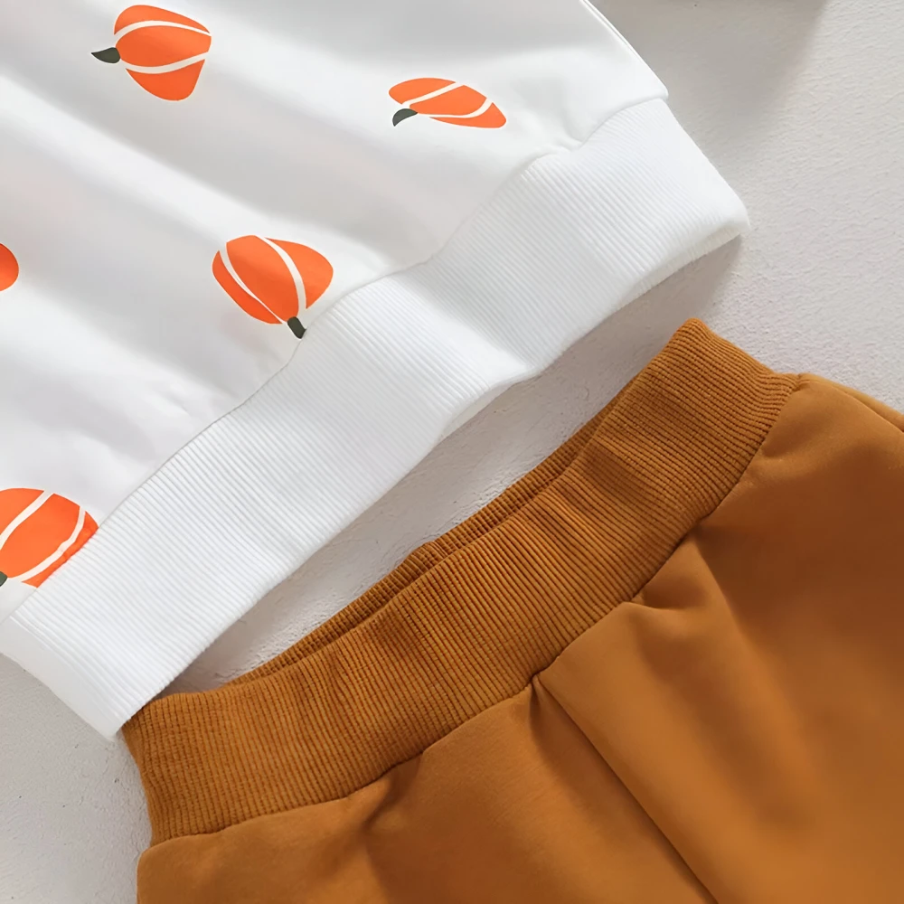Kid Girls Outfit – Pumpkin Print Sweatshirt & Flare Pants Set - Image 4