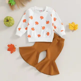 Kid Girls Outfit – Pumpkin Print Sweatshirt & Flare Pants Set