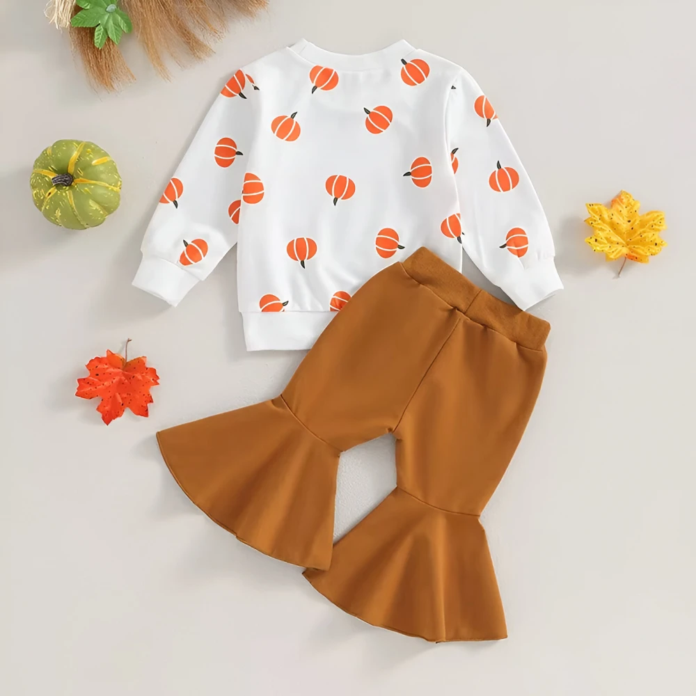 Kid Girls Outfit – Pumpkin Print Sweatshirt & Flare Pants Set - Image 2