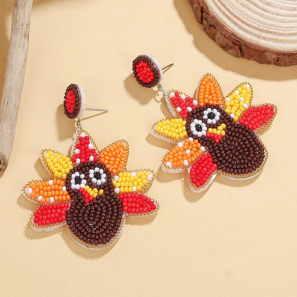 Thanksgiving Fall Beaded Earrings – Maple Leaf Pumpkin Turkey Dangle Jewelry - Image 4