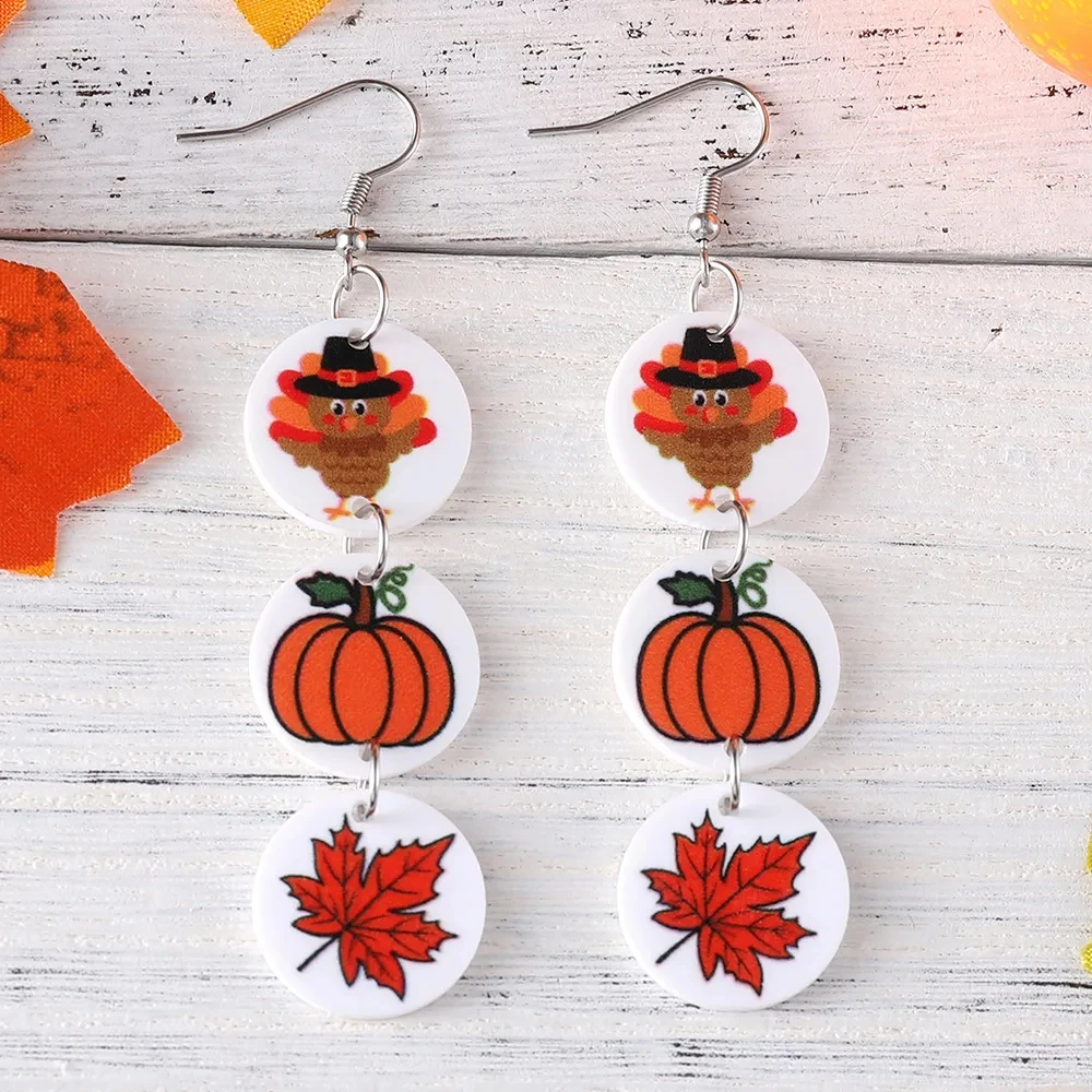 Autumn Pumpkin & Maple Leaf Triple Pendant Earrings - Image 3