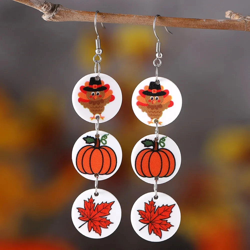 Autumn Pumpkin & Maple Leaf Triple Pendant Earrings