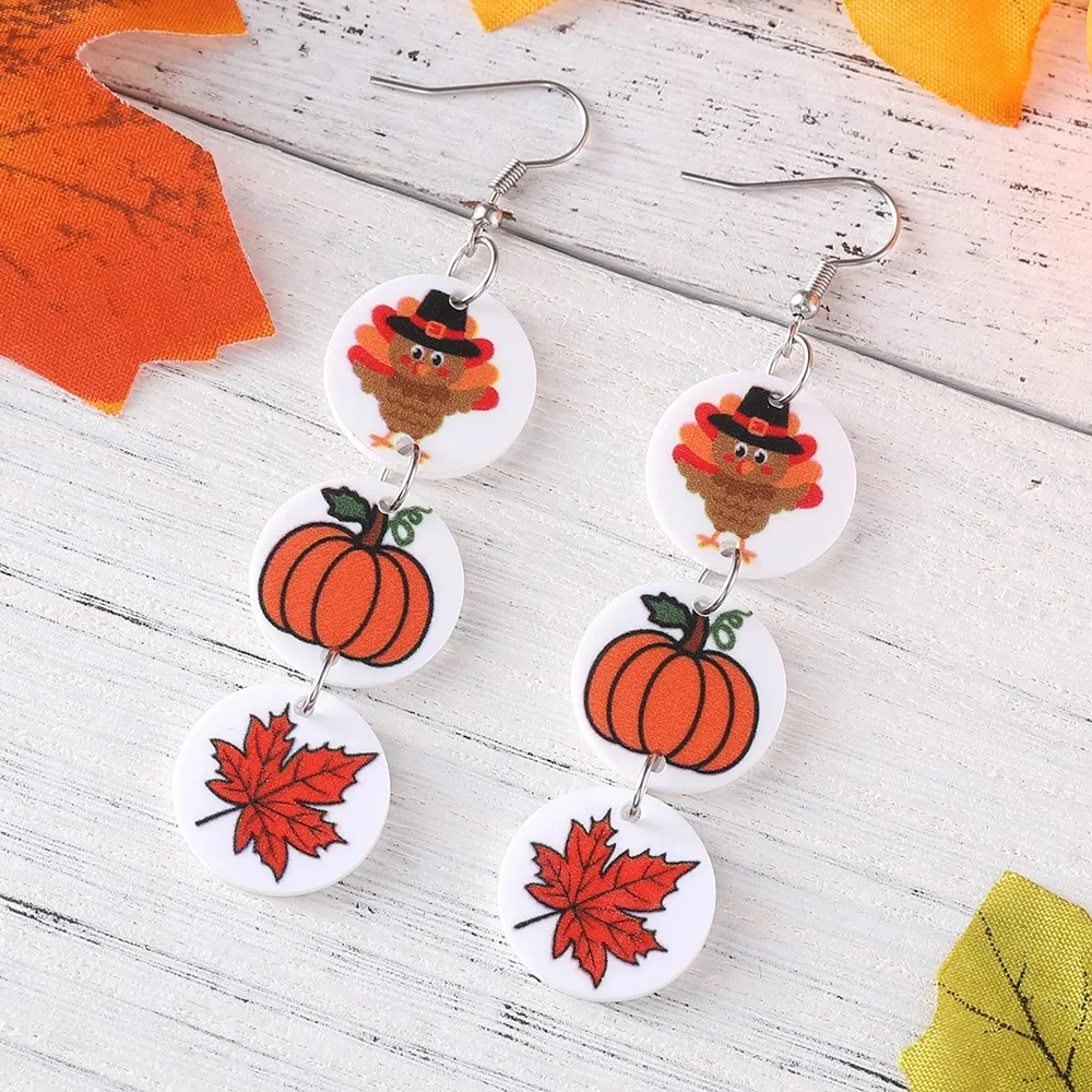 Autumn Pumpkin & Maple Leaf Triple Pendant Earrings - Image 2