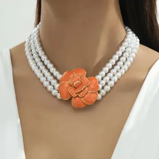 Vintage Pearl Choker Necklace with Enamel Flower Pendant for Women