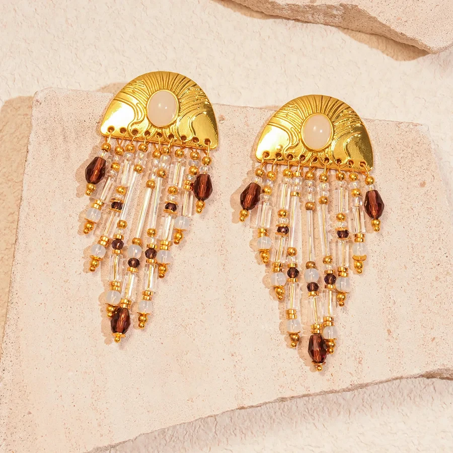 Bohemian Glass Tassel Earrings for Women – Ethnic Semicircle Designer Jewelry - Image 4