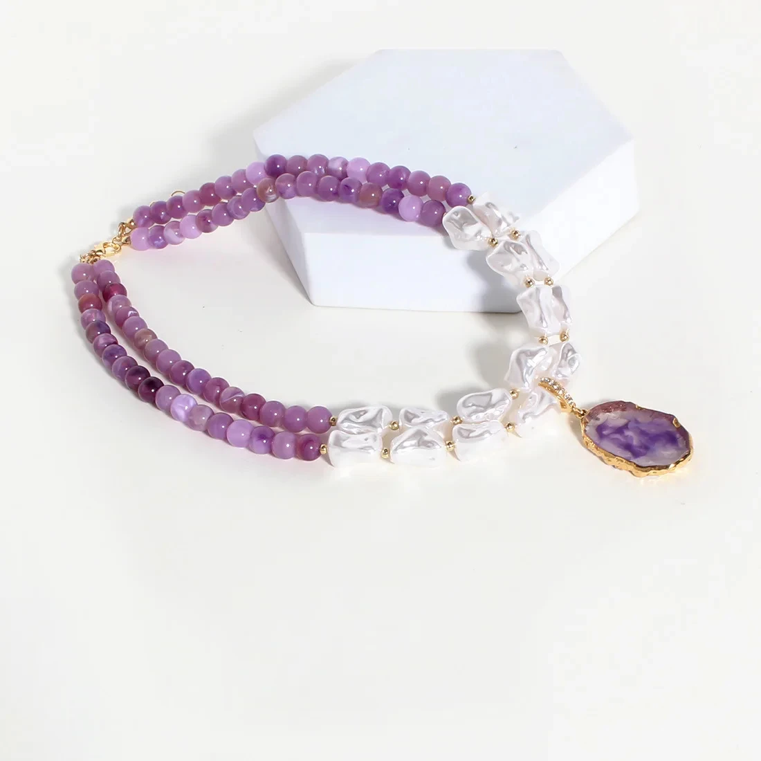 Irregular Resin Pearl & Stone Layered Necklace – Purple Bead Choker - Image 4
