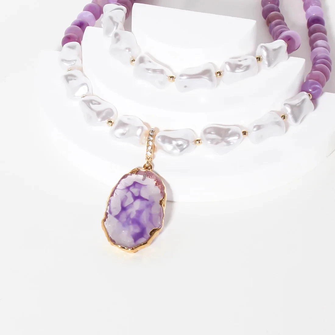 Irregular Resin Pearl & Stone Layered Necklace – Purple Bead Choker - Image 5