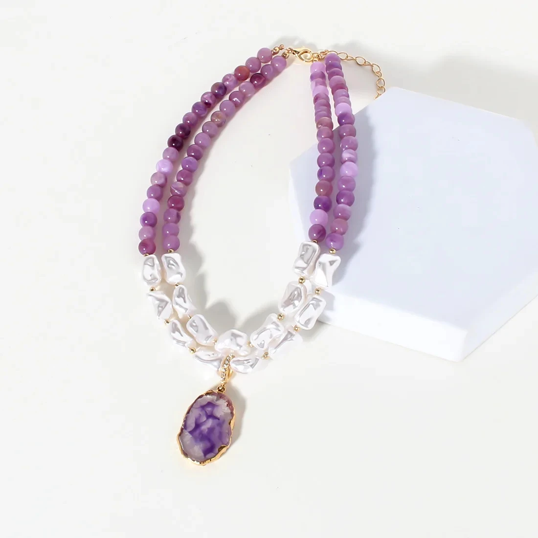 Irregular Resin Pearl & Stone Layered Necklace – Purple Bead Choker - Image 2
