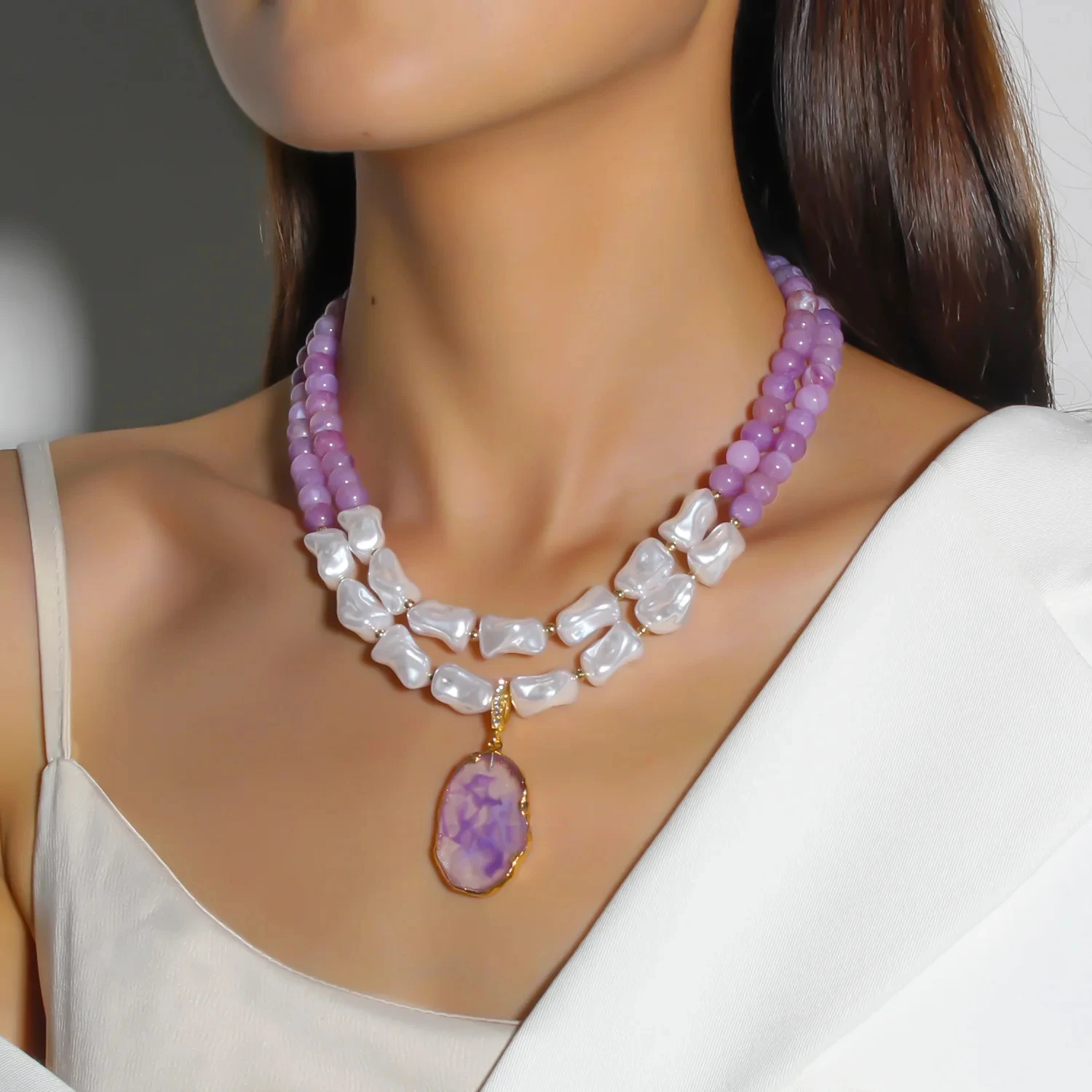 Irregular Resin Pearl & Stone Layered Necklace – Purple Bead Choker - Image 3