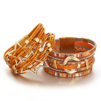 Boho Orange Braided Leather Bracelet for Women