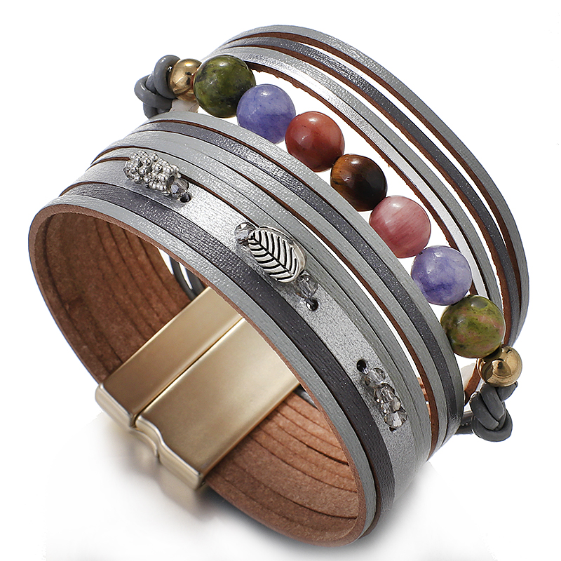 Natural Stone Beaded Leather Bracelet - Stylish Bohemian Jewelry - Image 4
