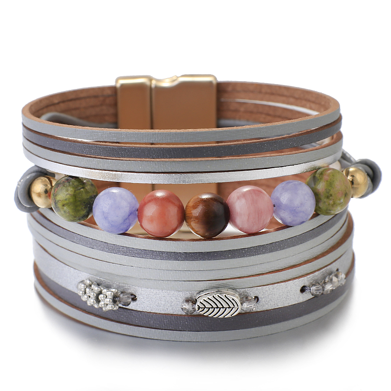 Natural Stone Beaded Leather Bracelet - Stylish Bohemian Jewelry - Image 2