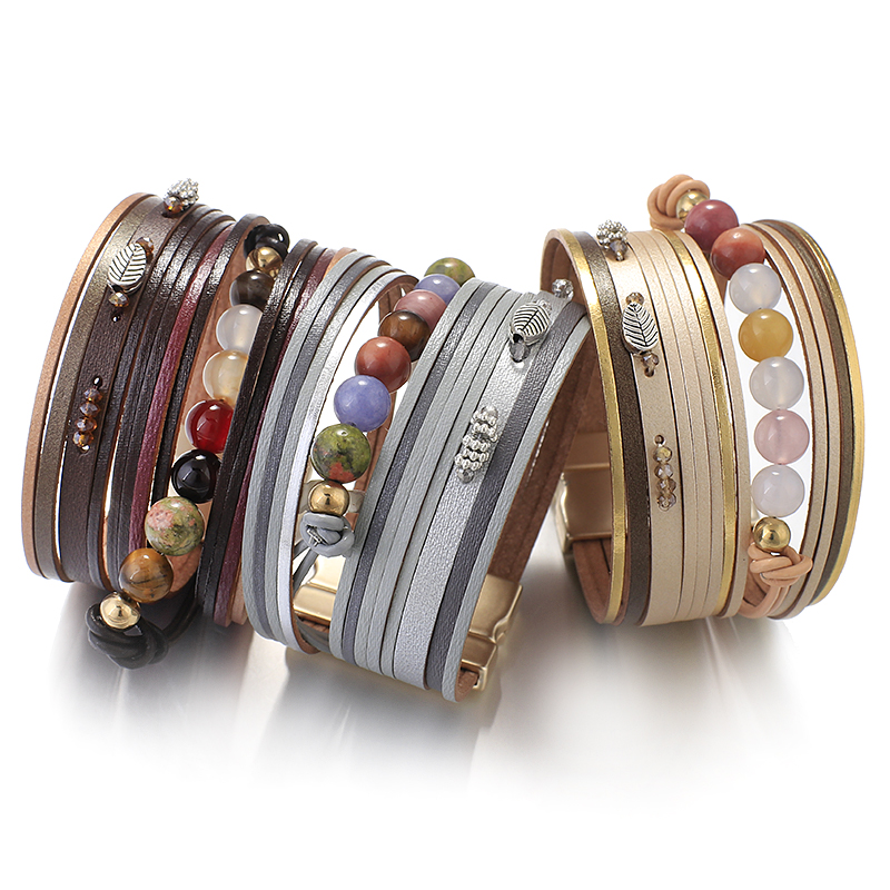 Natural Stone Beaded Leather Bracelet - Stylish Bohemian Jewelry