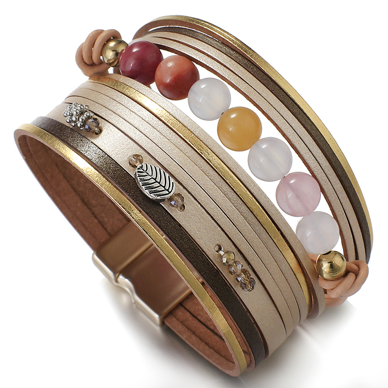 Natural Stone Beaded Leather Bracelet - Stylish Bohemian Jewelry - Image 5