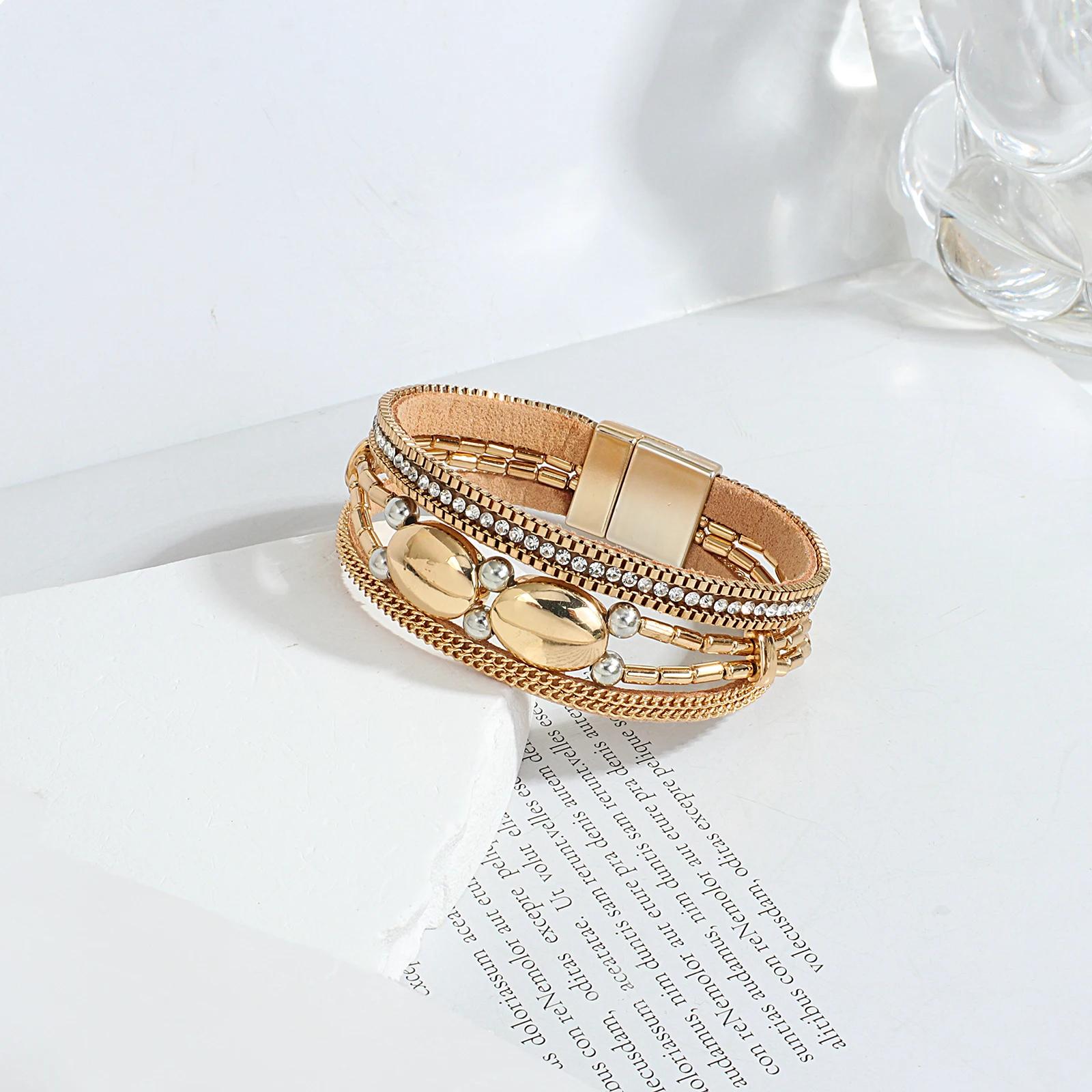 Trendy Geometric Multilayer Leather Wrap Bracelet with Crystal Charms - Image 4
