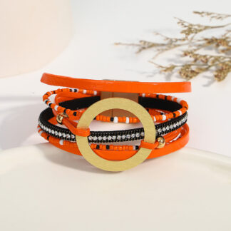 Boho Gold Circle Multilayer Leather Wrap Bracelet for Women