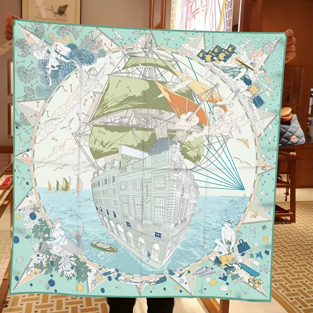Luxury 90cm Sailboat Print Silk Twill Square Scarf for Women - Image 6