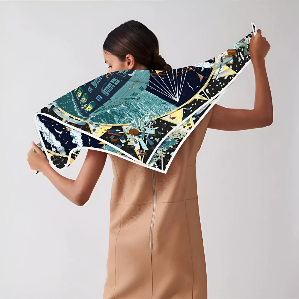 Luxury 90cm Sailboat Print Silk Twill Square Scarf for Women - Image 4