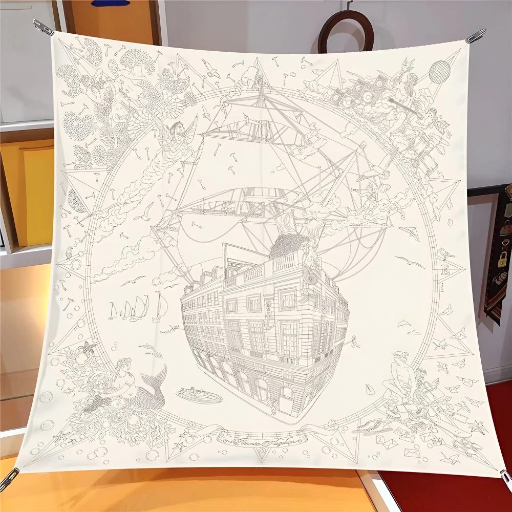 Luxury 90cm Sailboat Print Silk Twill Square Scarf for Women - Image 8