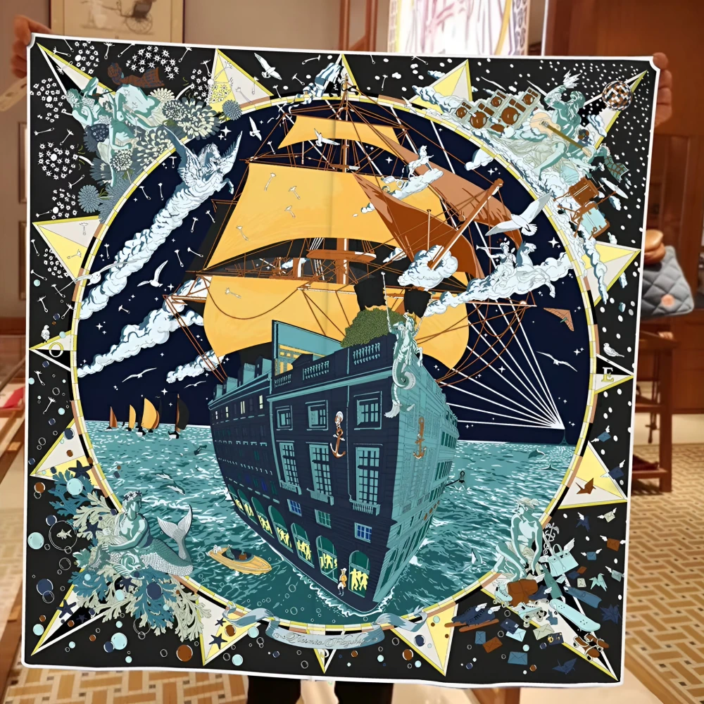 Luxury 90cm Sailboat Print Silk Twill Square Scarf for Women - Image 5