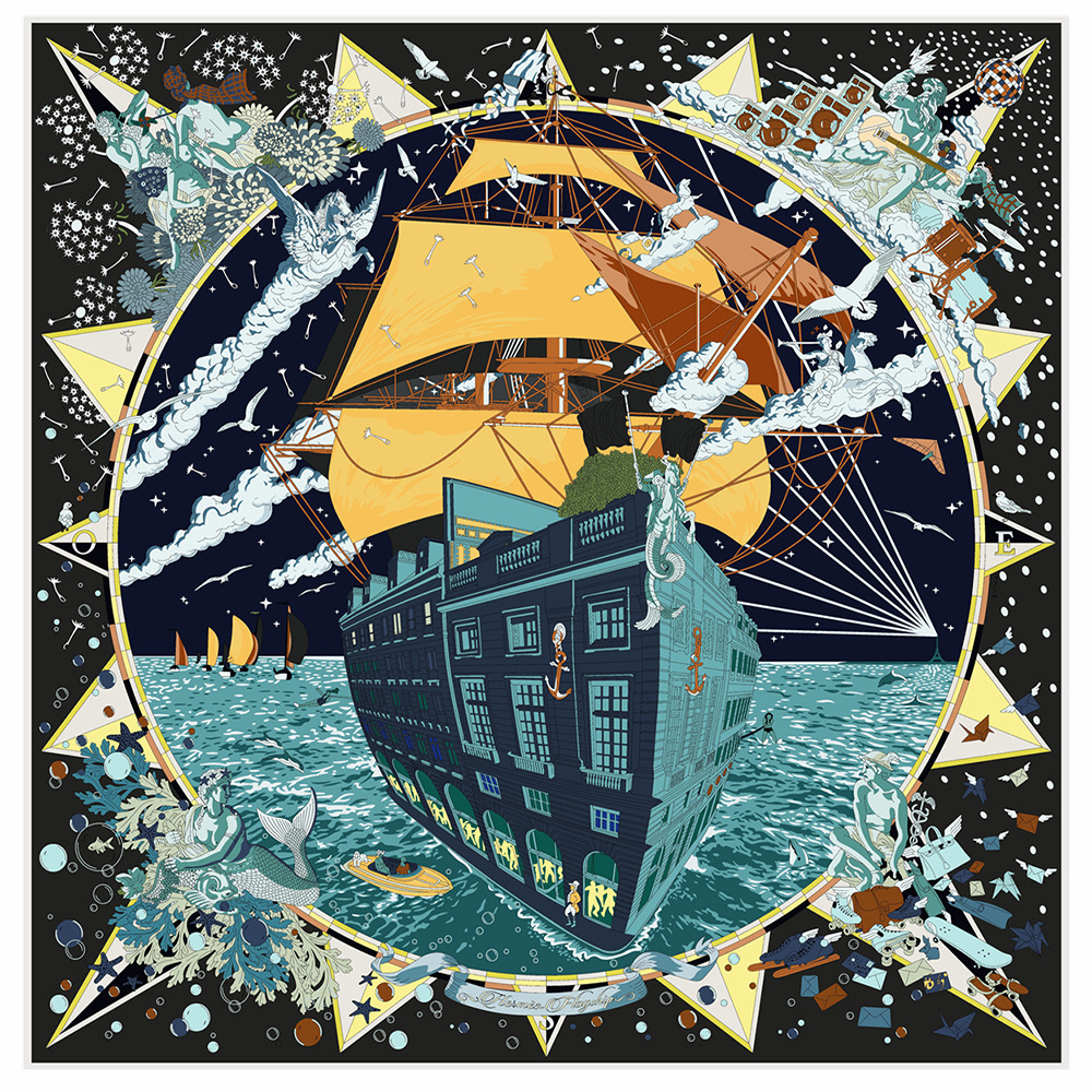 Luxury 90cm Sailboat Print Silk Twill Square Scarf for Women