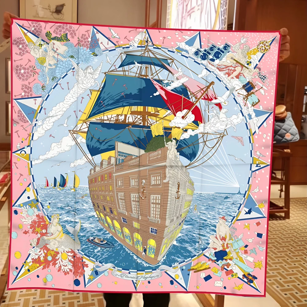 Luxury 90cm Sailboat Print Silk Twill Square Scarf for Women - Image 7