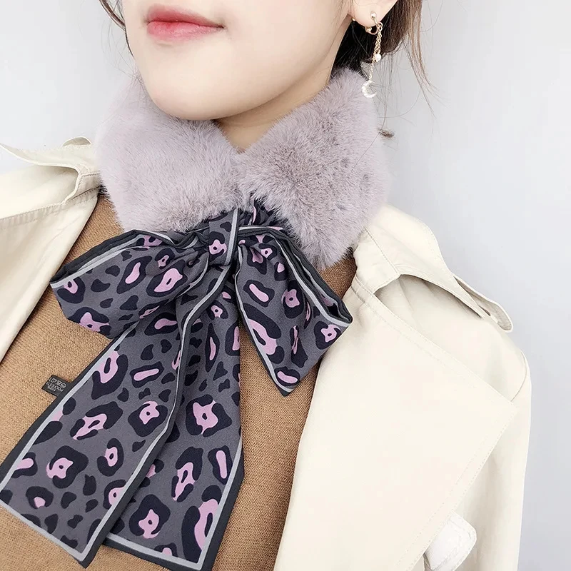 Leopard Print Fur Scarf for Women – Skinny Silk Neckerchief Wrap - Image 4