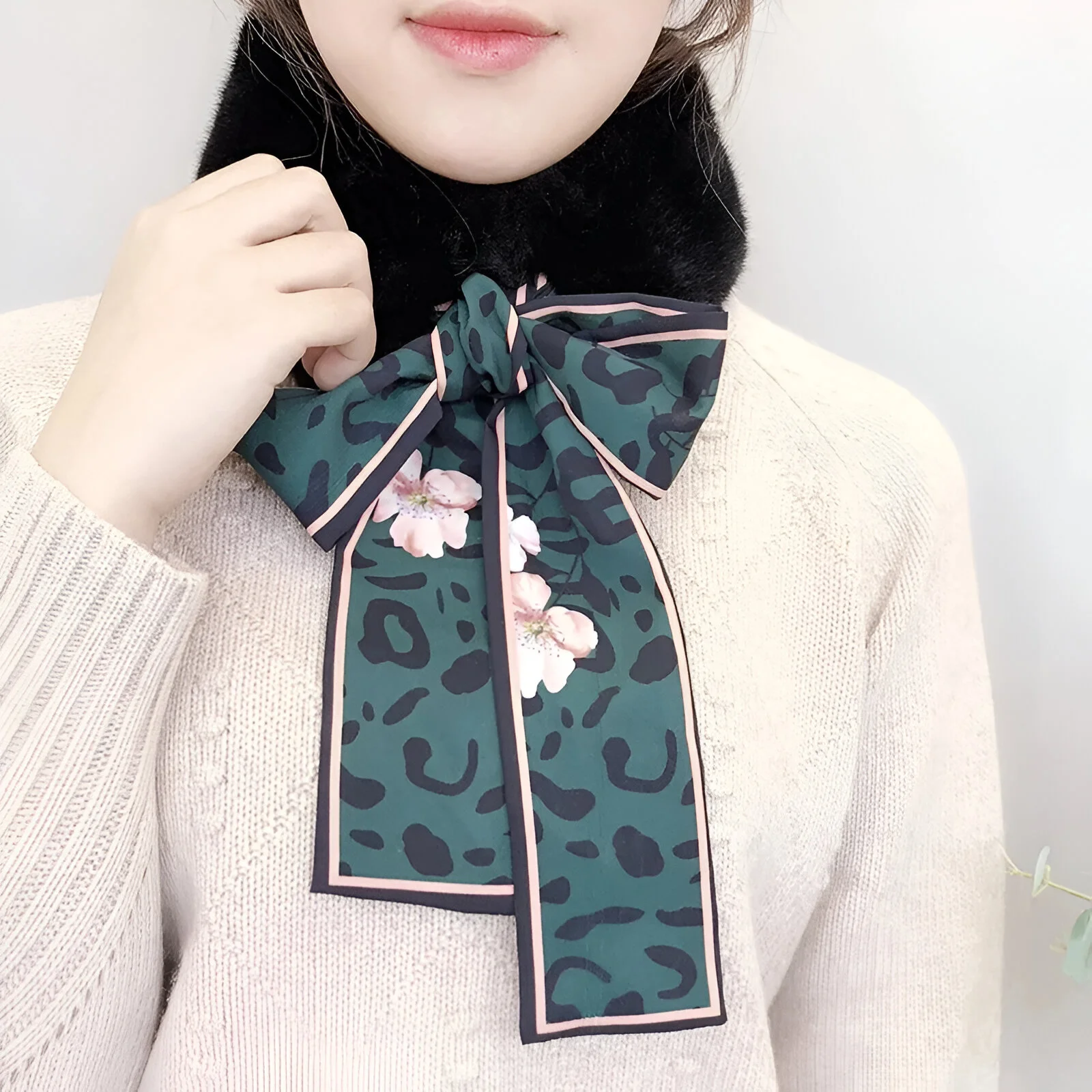 Leopard Print Fur Scarf for Women – Skinny Silk Neckerchief Wrap - Image 2