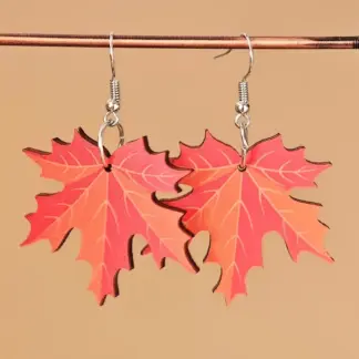 Maple Leaf Dangle Earrings – Red & Orange Wooden Drop Earrings with Silver Hooks