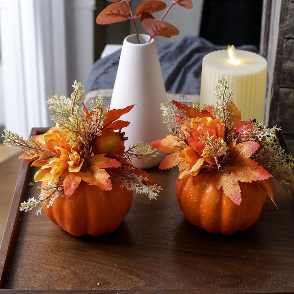Artificial Pumpkin with Chrysanthemums – Harvest Home & Table Decor - Image 2