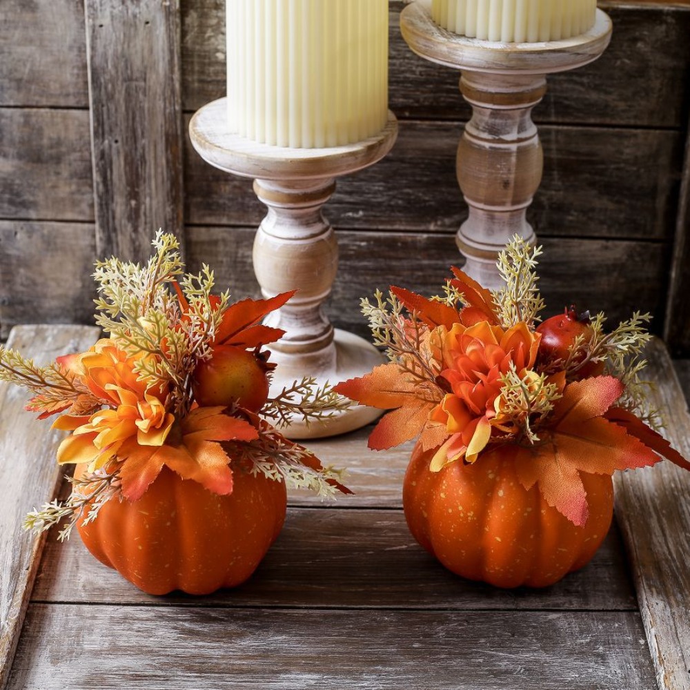 Artificial Pumpkin with Chrysanthemums – Harvest Home & Table Decor