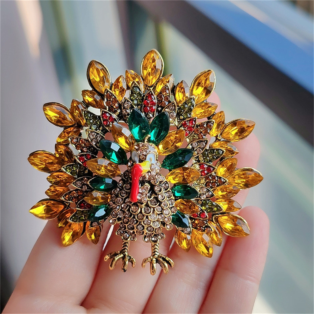 Retro Turkey Brooch with Rhinestones - Creative Thanksgiving Pin - Image 3