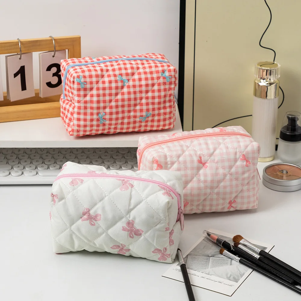Large Plaid Bow Floral Makeup Bag – Portable Cotton Cosmetic Organizer - Image 3