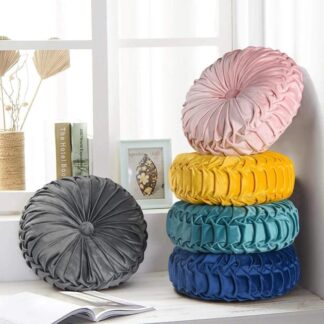 Set of 2 Velvet Round Pumpkin Cushions – Handcrafted Pleated Decorative Pillows